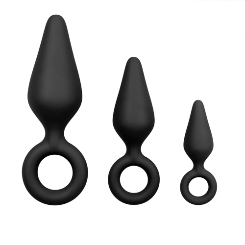 Schwarze Buttplugs mit Rückholring – Set